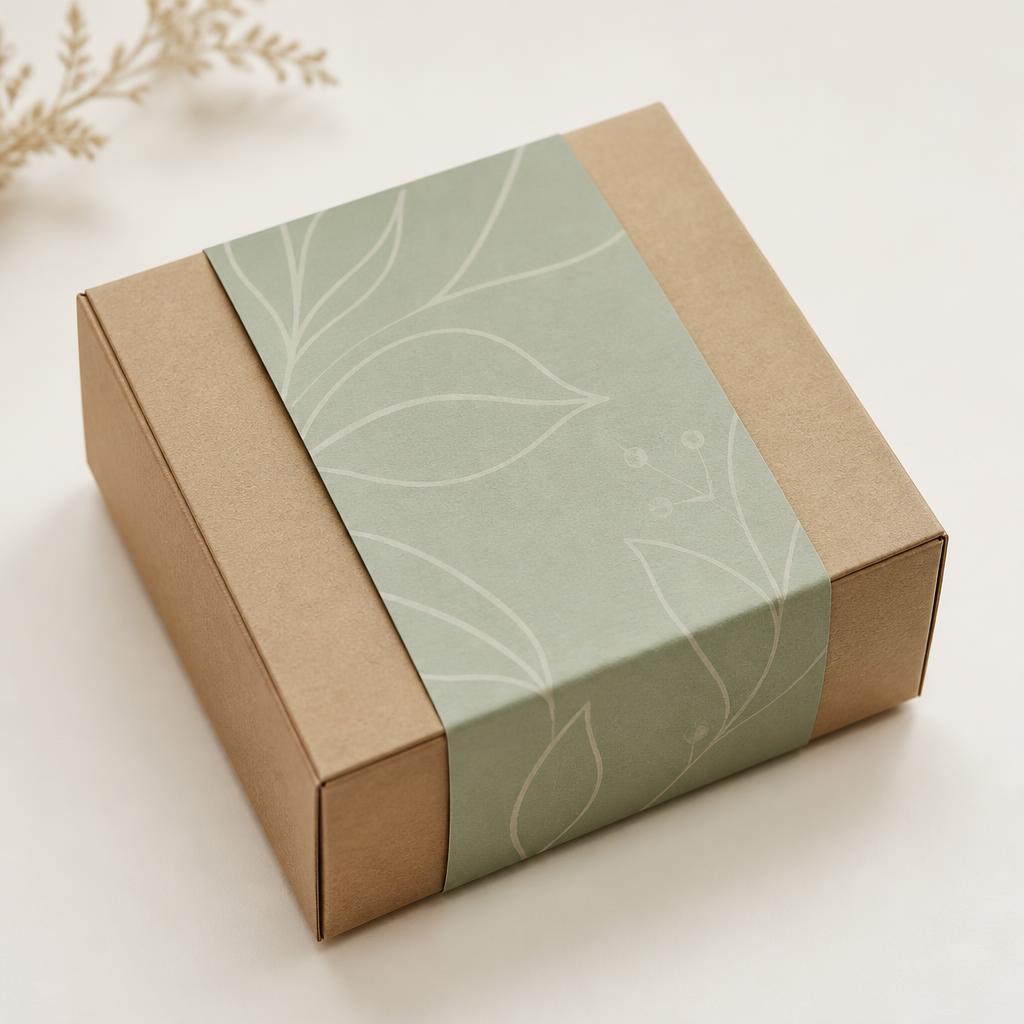 Sage-green printed paper band around a kraft gift box