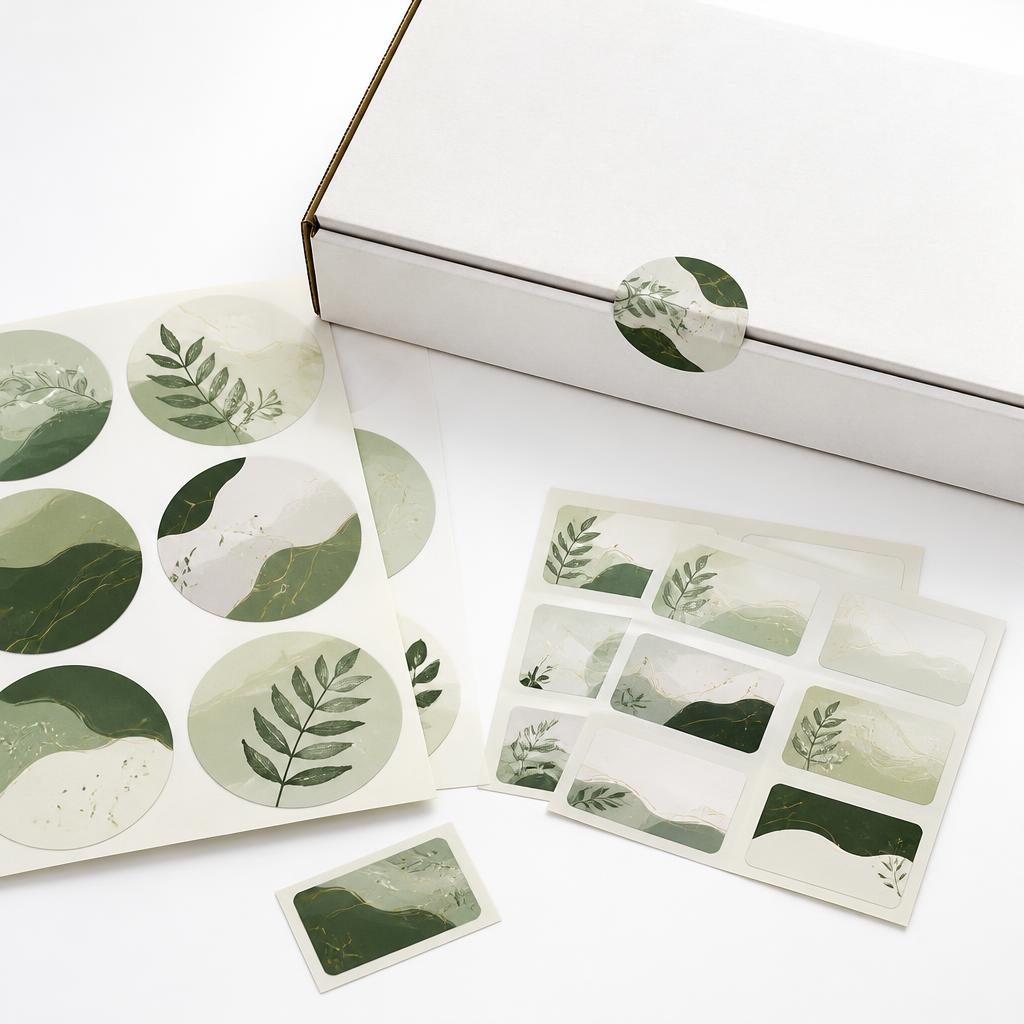 Custom stickers and labels displayed with a white kraft mailer
