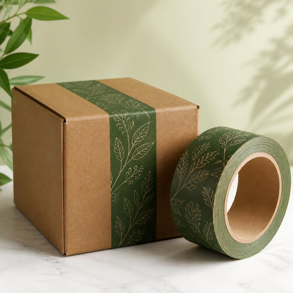 Forest-green printed tape sealing a kraft parcel
