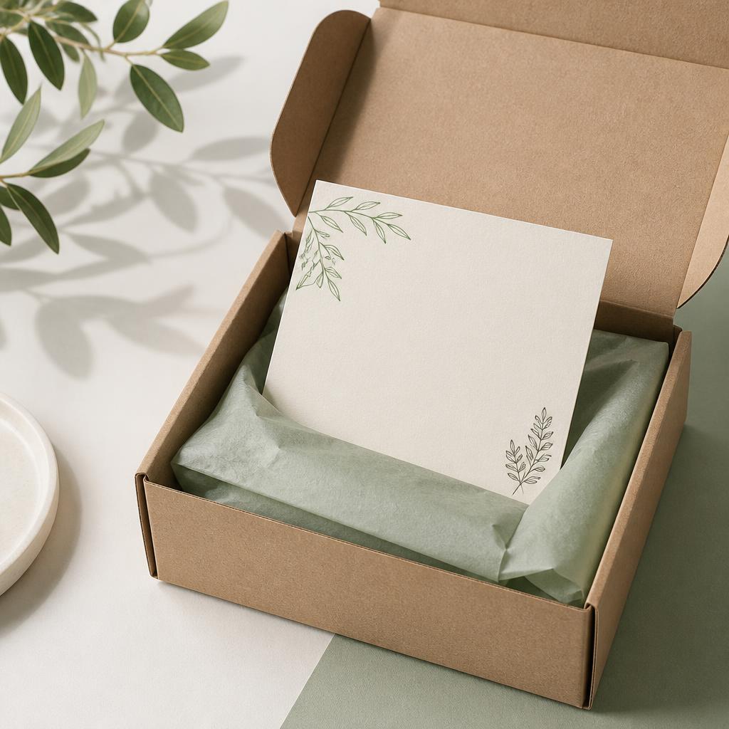Thank-you insert card beside an open kraft mailer