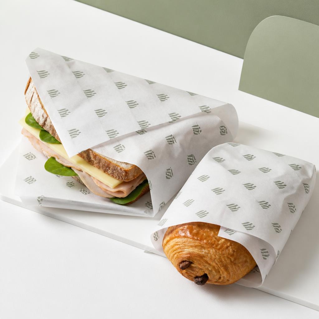 Printed wax paper sheets wrapping a deli sandwich and pastry